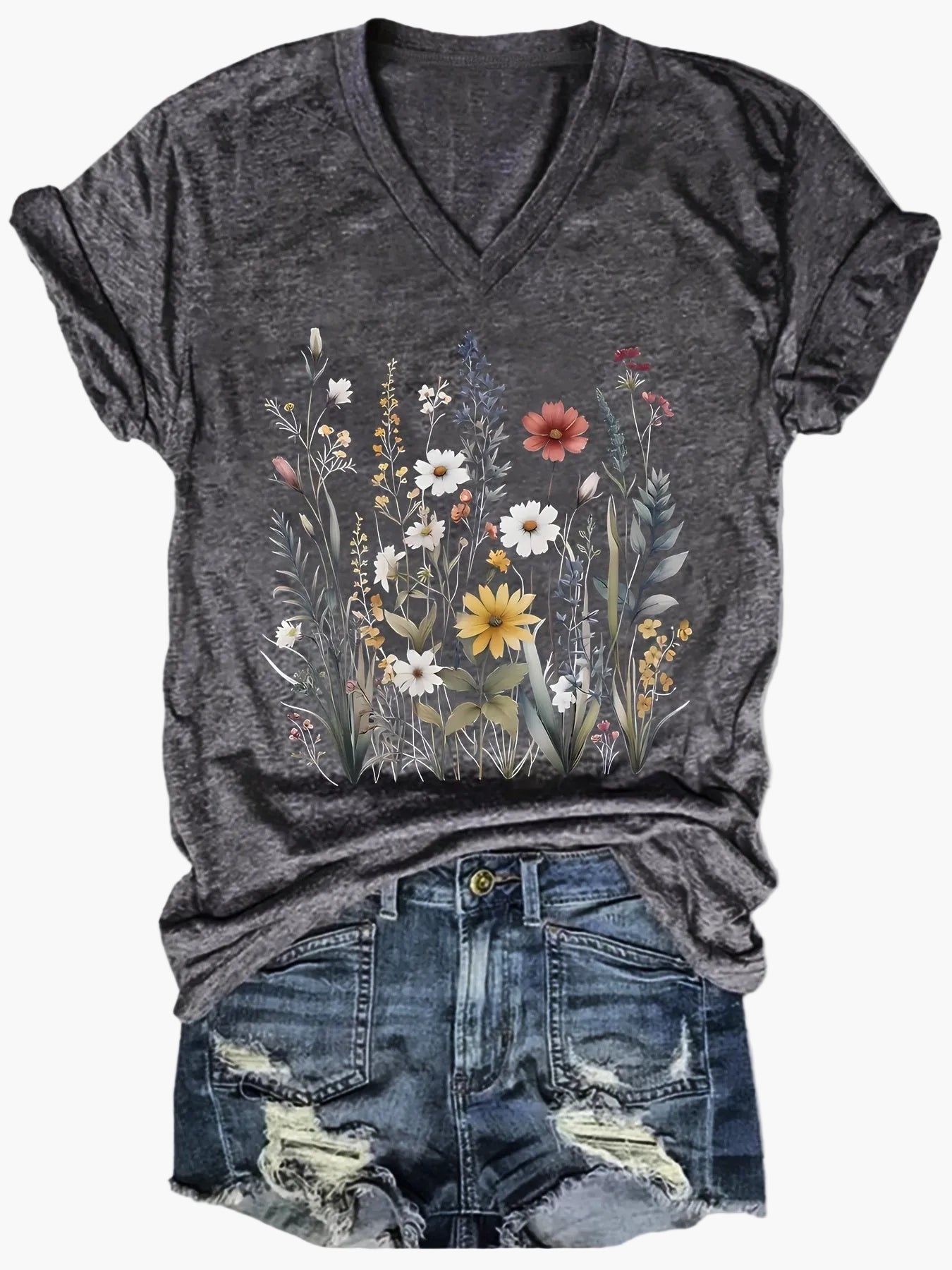 Dam T-shirt med v-ringning och blommönster – avslappnad sommarstil