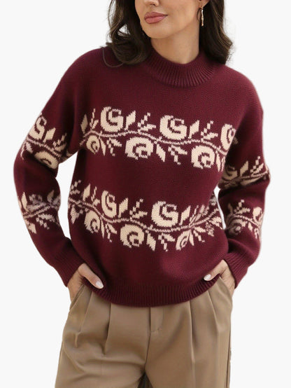 Damtröja Elegant Blommig Jacquard Stickad Pullover för Höst/Vinter