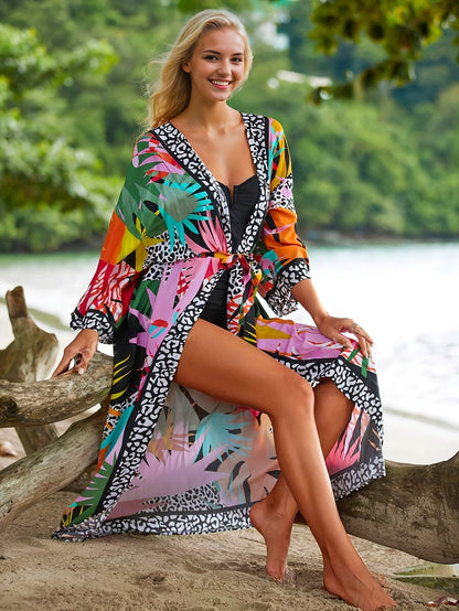 Damernas lång kimono med tropiskt mönster – strandplagg för semester och resort