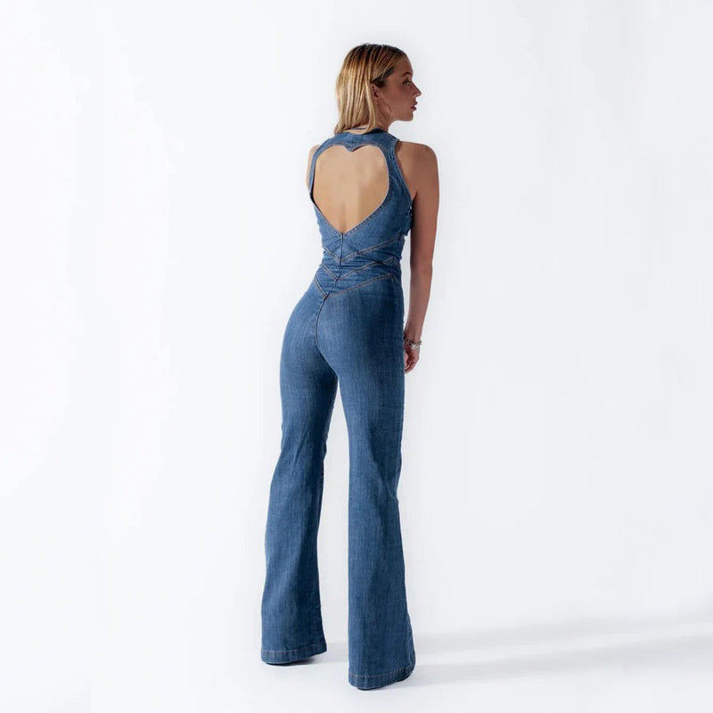 Jade – Sommar Slim Hjärtformad Rygglös Denim Jumpsuit för Kvinnor med Halterneck och Hög Midja