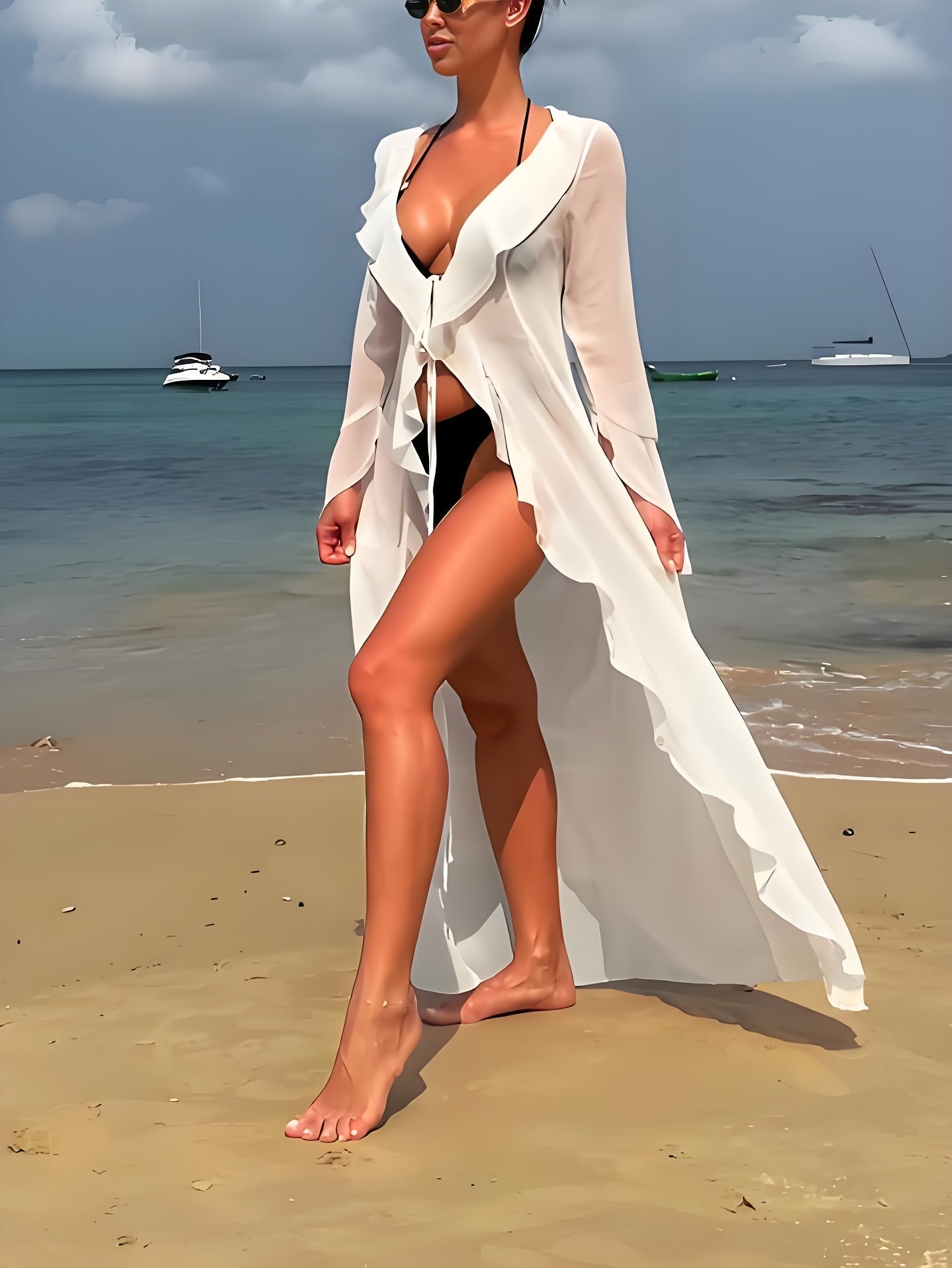 Dam Kimono Lång Elegant Öppen Ryschig Strandtunika Semesteroutfit