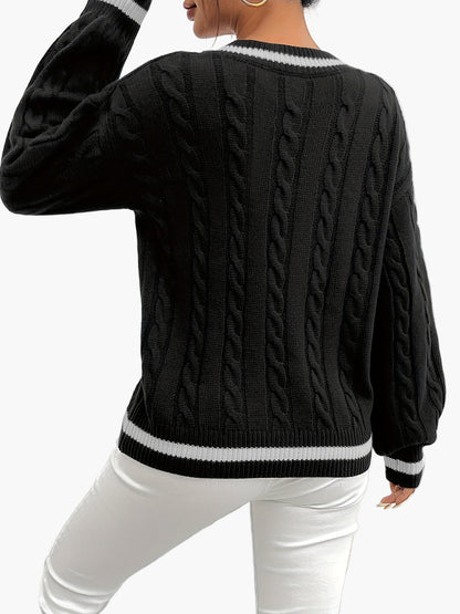 Damtröja med V-ringning och kabelstickad design – Elegant och avslappnad höst/vintertröja