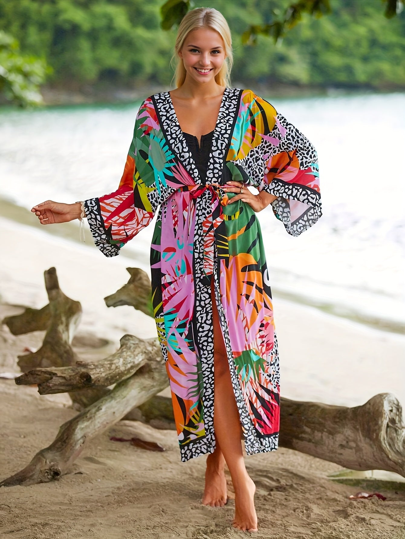 Damernas lång kimono med tropiskt mönster – strandplagg för semester och resort