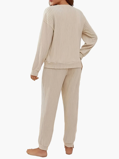 Dam Lounge-set med V-ringning och ribbad design – Perfekt för mys och avkoppling