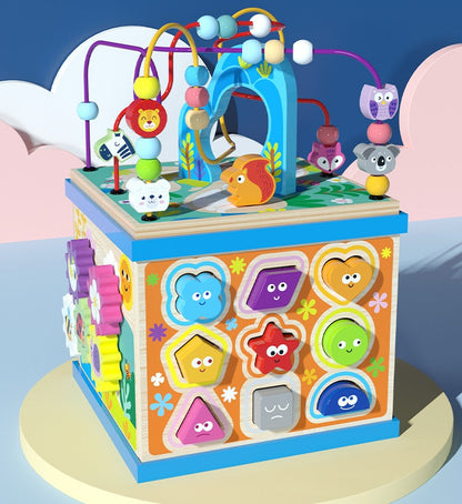 Pedagogisk aktivitetskubs leksak för barn – Utbildande multifunktionell träkub med bokstäver och former