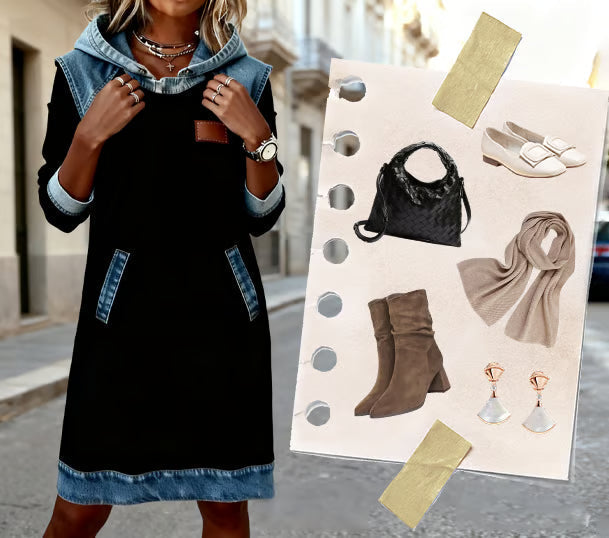 Dam Hoodie Klänning med Denimdetaljer – Avslappnad och Trendig för Vardagsbruk