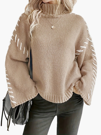 Damstickad tröja med hög hals och dekorativa sömmar – Elegant höst- och vintermode