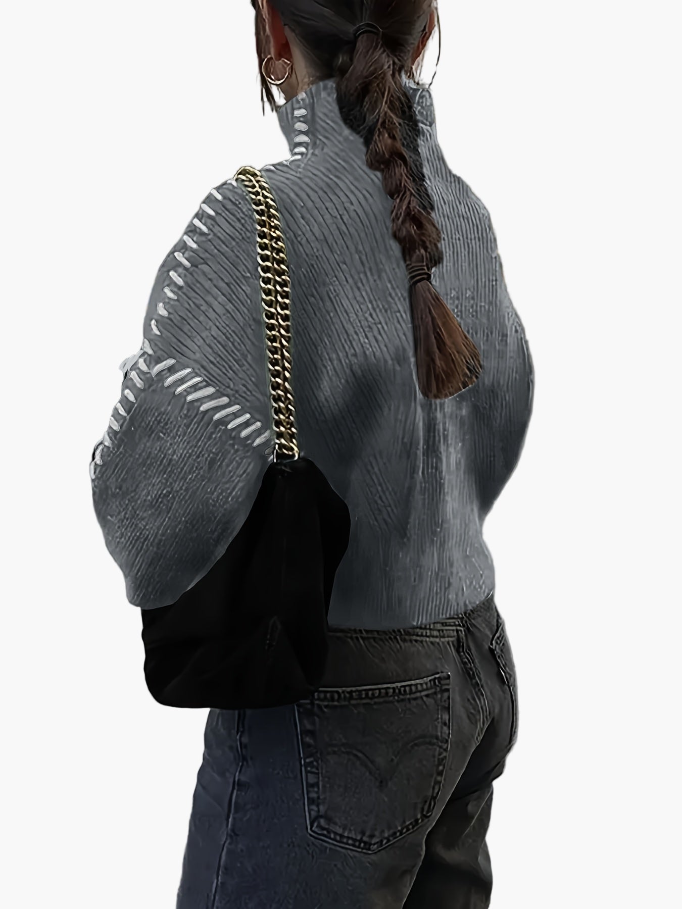 Damstickad tröja med hög krage och dekorativa sömmar – trendig vardagsstil höst/vinter