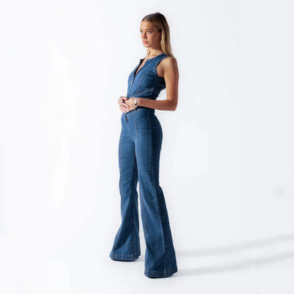 Jade – Sommar Slim Hjärtformad Rygglös Denim Jumpsuit för Kvinnor med Halterneck och Hög Midja