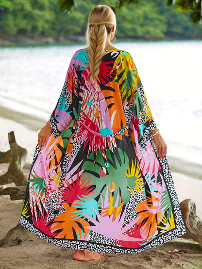 Damernas lång kimono med tropiskt mönster – strandplagg för semester och resort