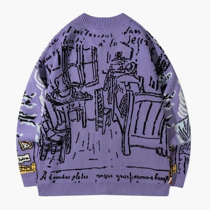 Herrkofta med konstnärligt porträtt och vintagemotiv – avslappnad stil för höst och vinter