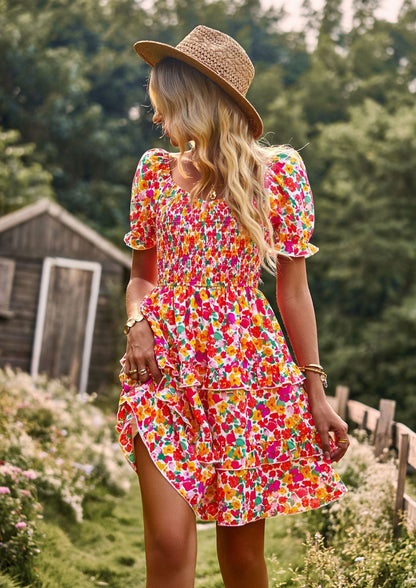 Leanne – Blommig Volang Sommarklänning Korta Ärm Off Shoulder Mini Klänning Strand