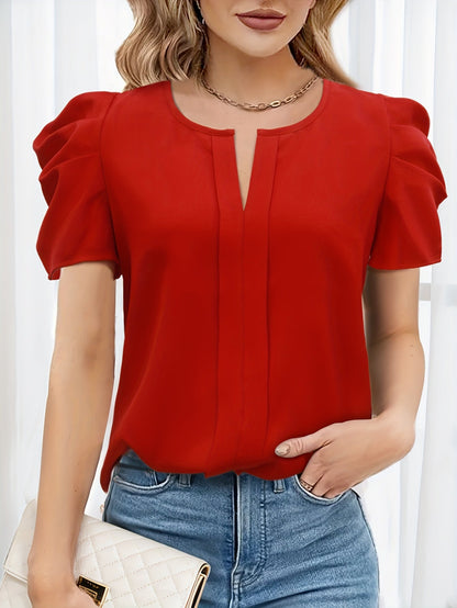 Dam Elegant Blus med Puffärm och Split Neck - Kontor & Fest