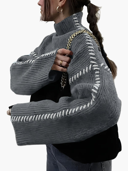 Damstickad tröja med hög krage och dekorativa sömmar – trendig vardagsstil höst/vinter
