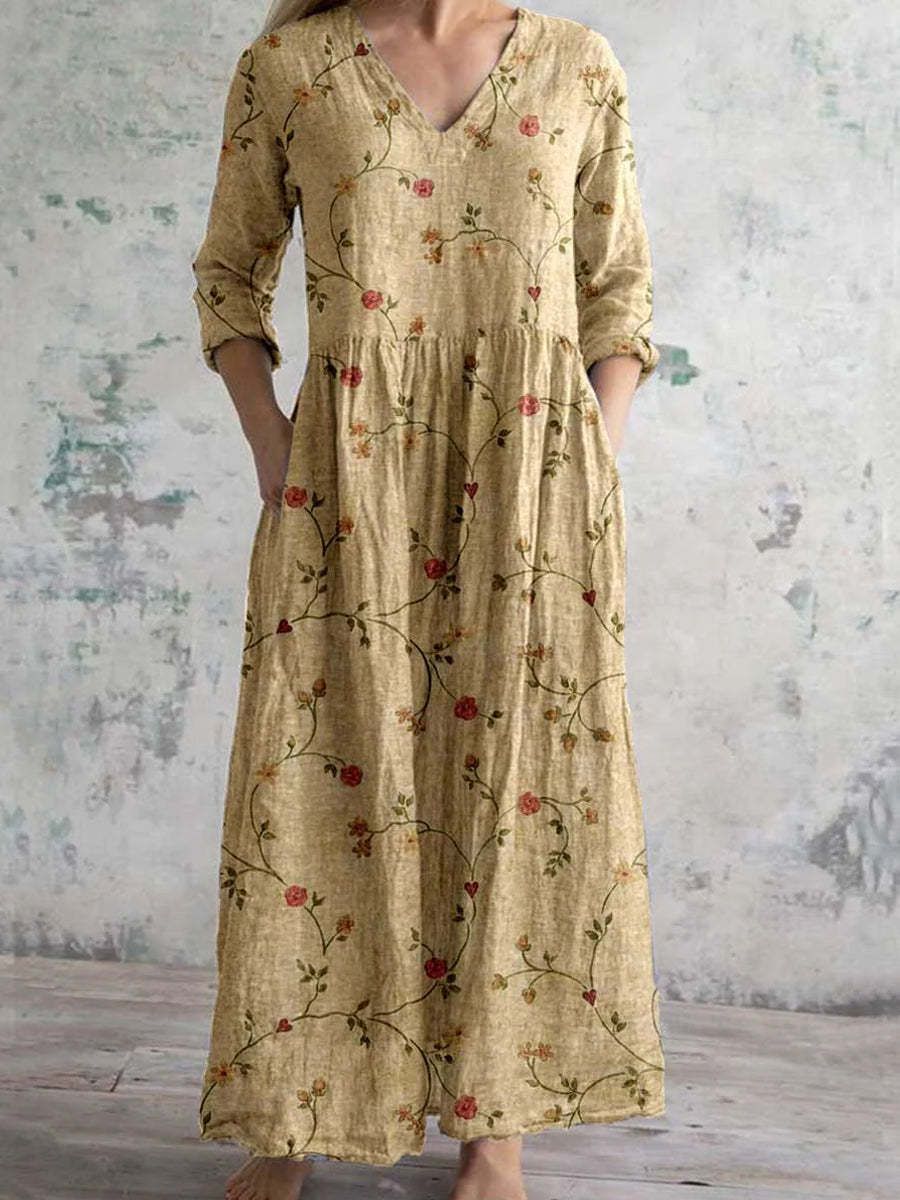 Damklänning Bohemisk Långärmad V-ringad Blommig Vintage Stil – Perfekt för Vardag och Fester