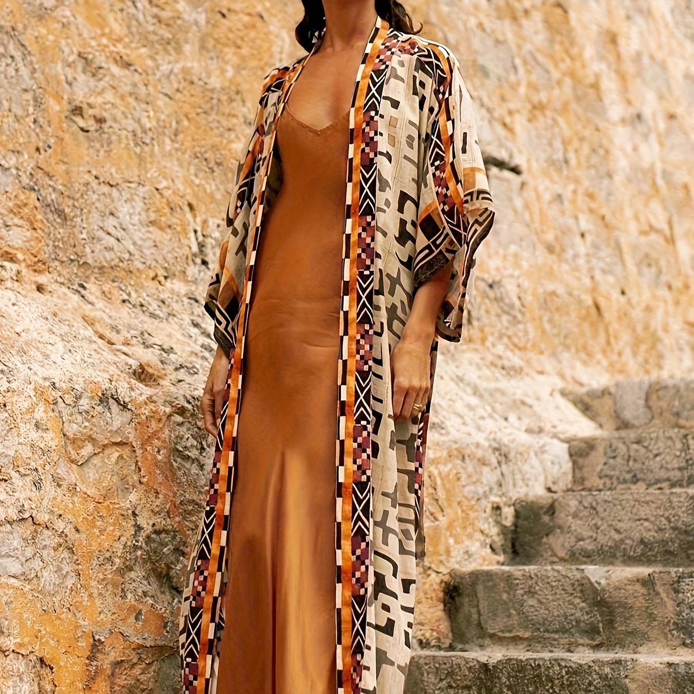 Dam Kimono Lång Bohemisk Strand Kaftan med Geometriskt Mönster – Elegant Sommarplagg