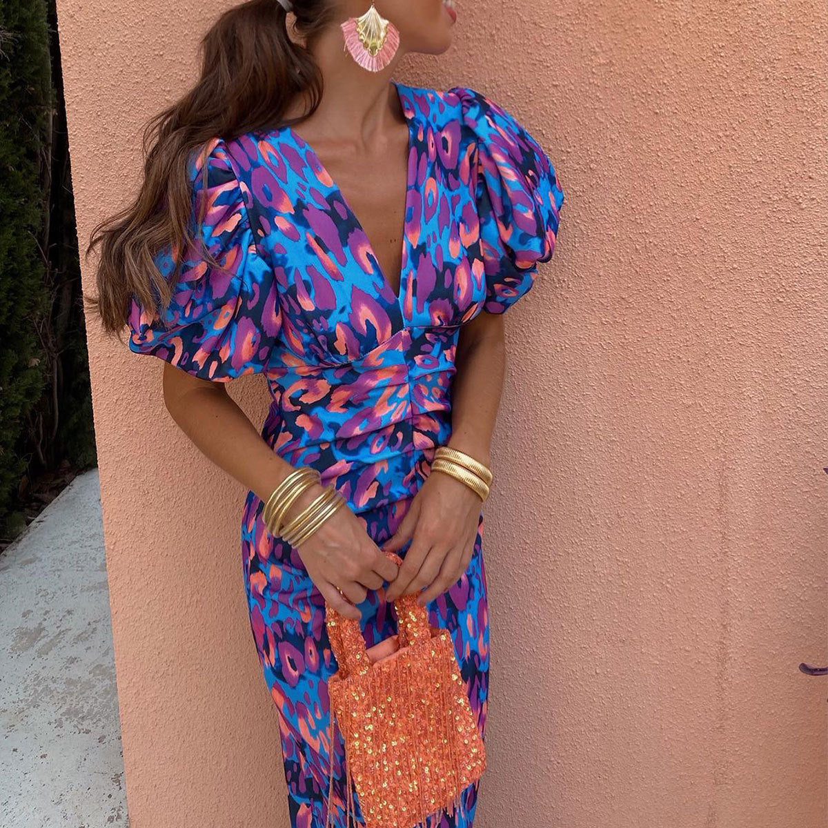 Damklänning Elegant Fest Puffärm Midilång – Perfekt för Sommar och Evenemang