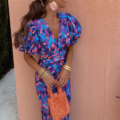 Damklänning Elegant Fest Puffärm Midilång – Perfekt för Sommar och Evenemang