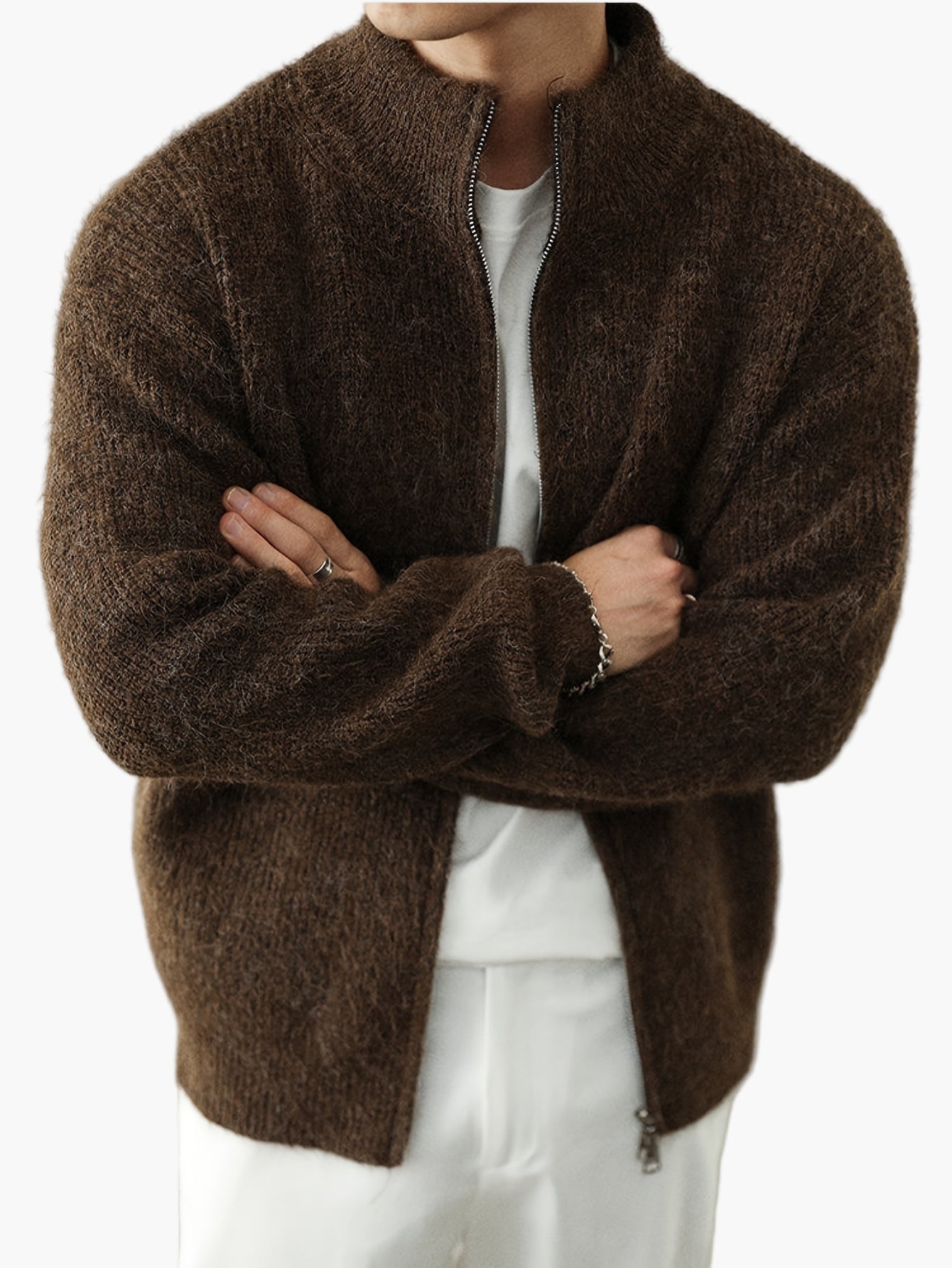 Herr – Stickad halvzip tröja med avslappnad passform, perfekt för vardag och lager-på-lager-stil