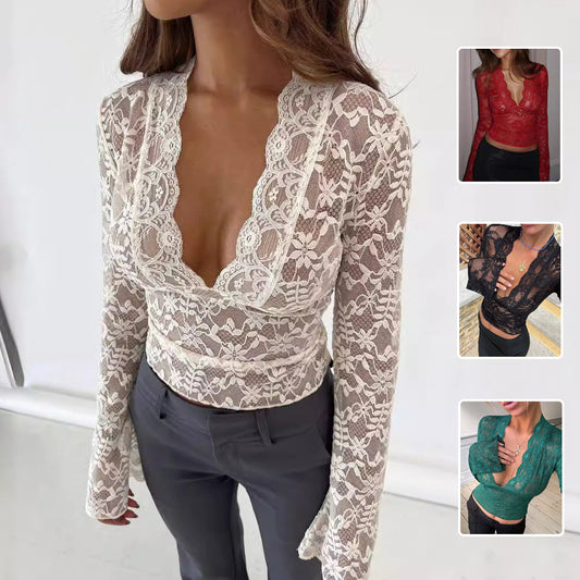 Natasha – Blommig Spets Långärmad Topp Y2K Mode Smal Bottoming T-shirt Damkläder