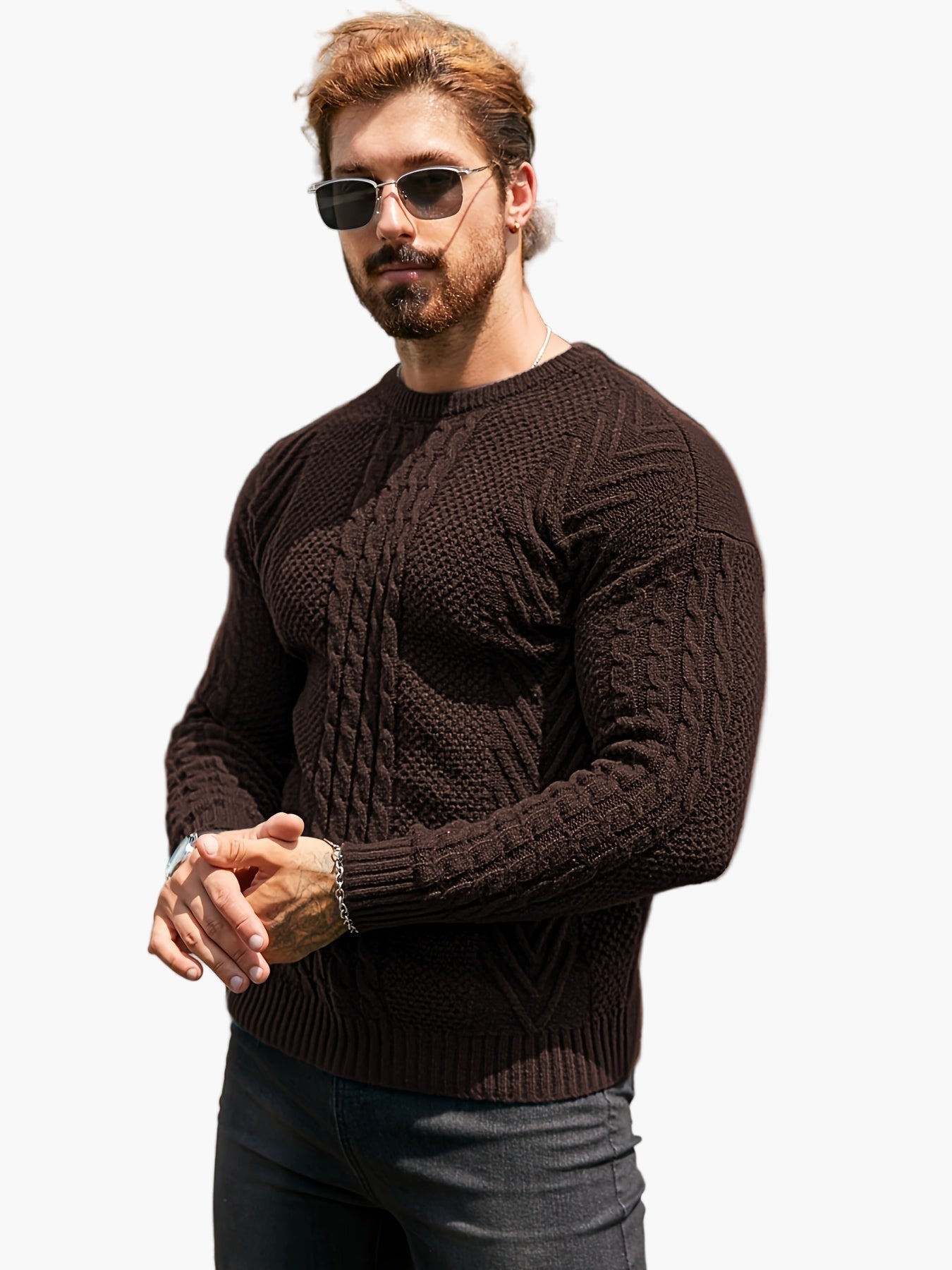 Herrstickad Tröja – Elegant Kabelstickad Pullover för Höst och Vinter – Avslappnad Stil