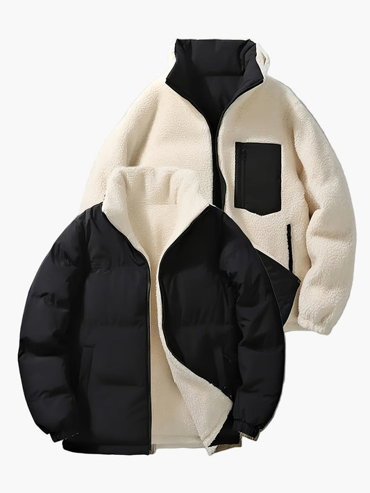 Herr Reversibel Vinterjacka Fleece och Puffer, Avslappnad Stil för Vardagsbruk