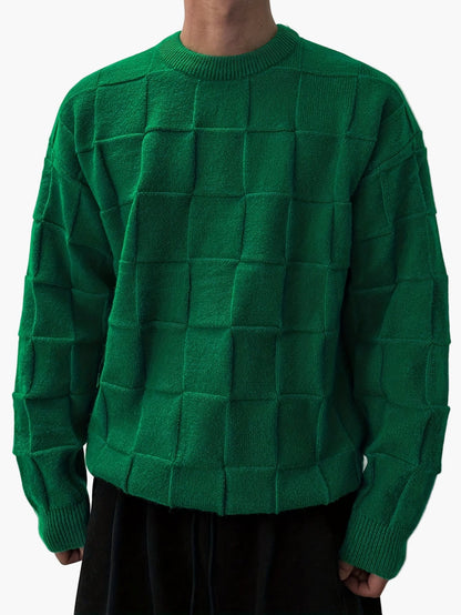 Herr Stickad Streetwear Tröja med Rutmönster – Avslappnad och Trendig för Höst/Vinter