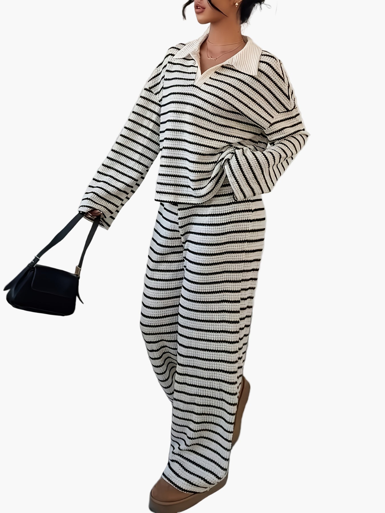 Dam Set Lounge Wear Randig Långärmad Tröja och Vida Byxor Bekvämt Höst/Vinter