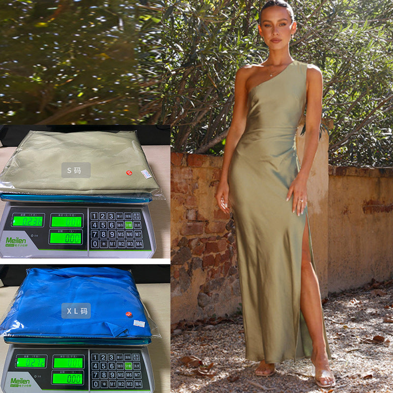 Jenny – Slim One-shoulder Split Satin Dress