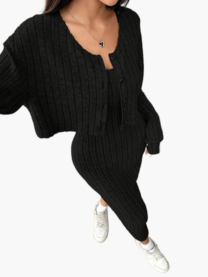 Dam Set med Kjol och Kofta – Elegant Ribbad Stickad Outfit för Vardag och Fritid