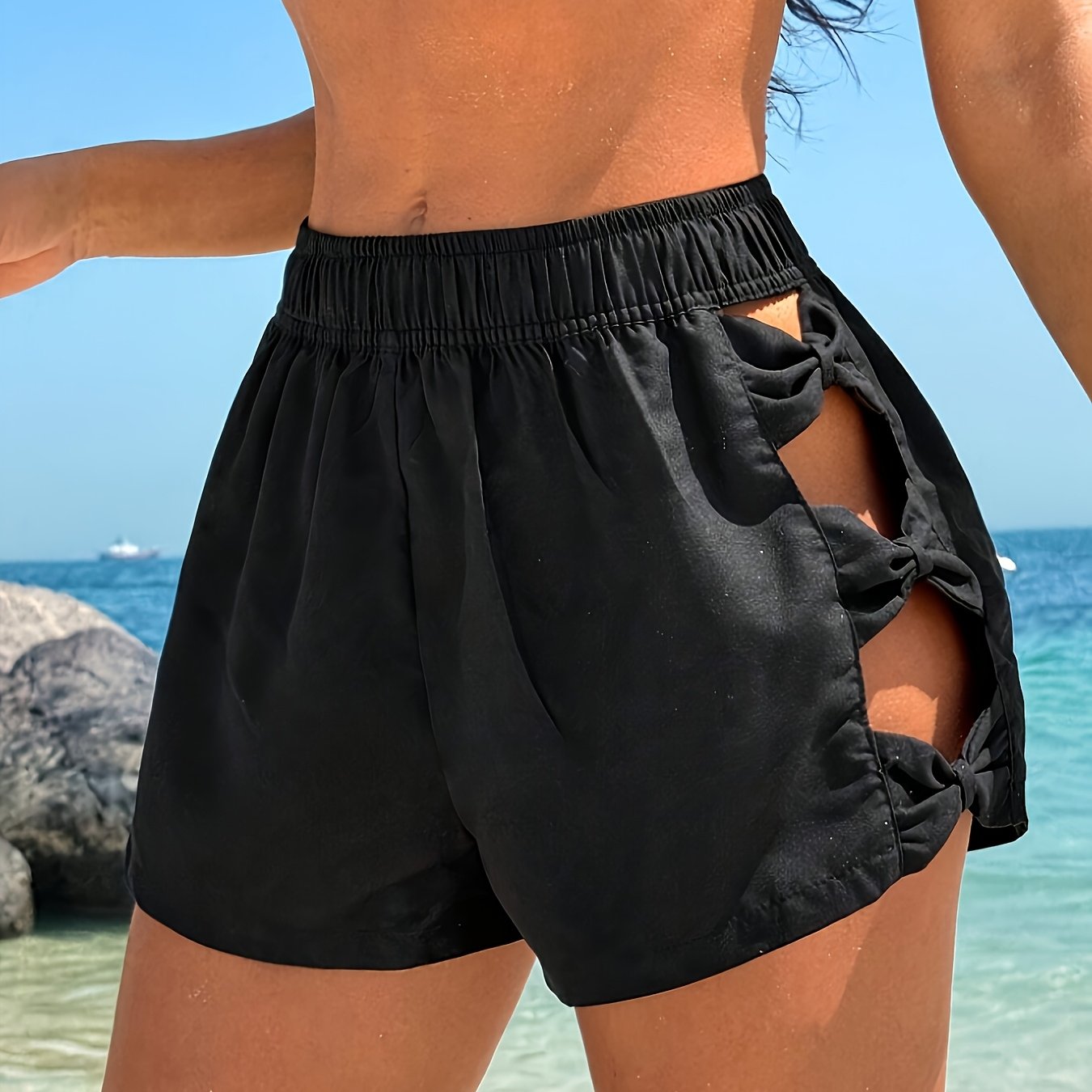 Dam Shorts Resort Mode med Sidslits och Dekorativa Rosetter för Strand och Sommar