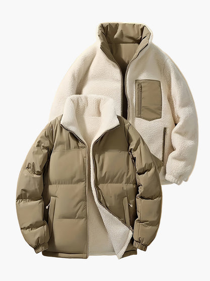 Herr Reversibel Vinterjacka Fleece och Puffer, Avslappnad Stil för Vardagsbruk