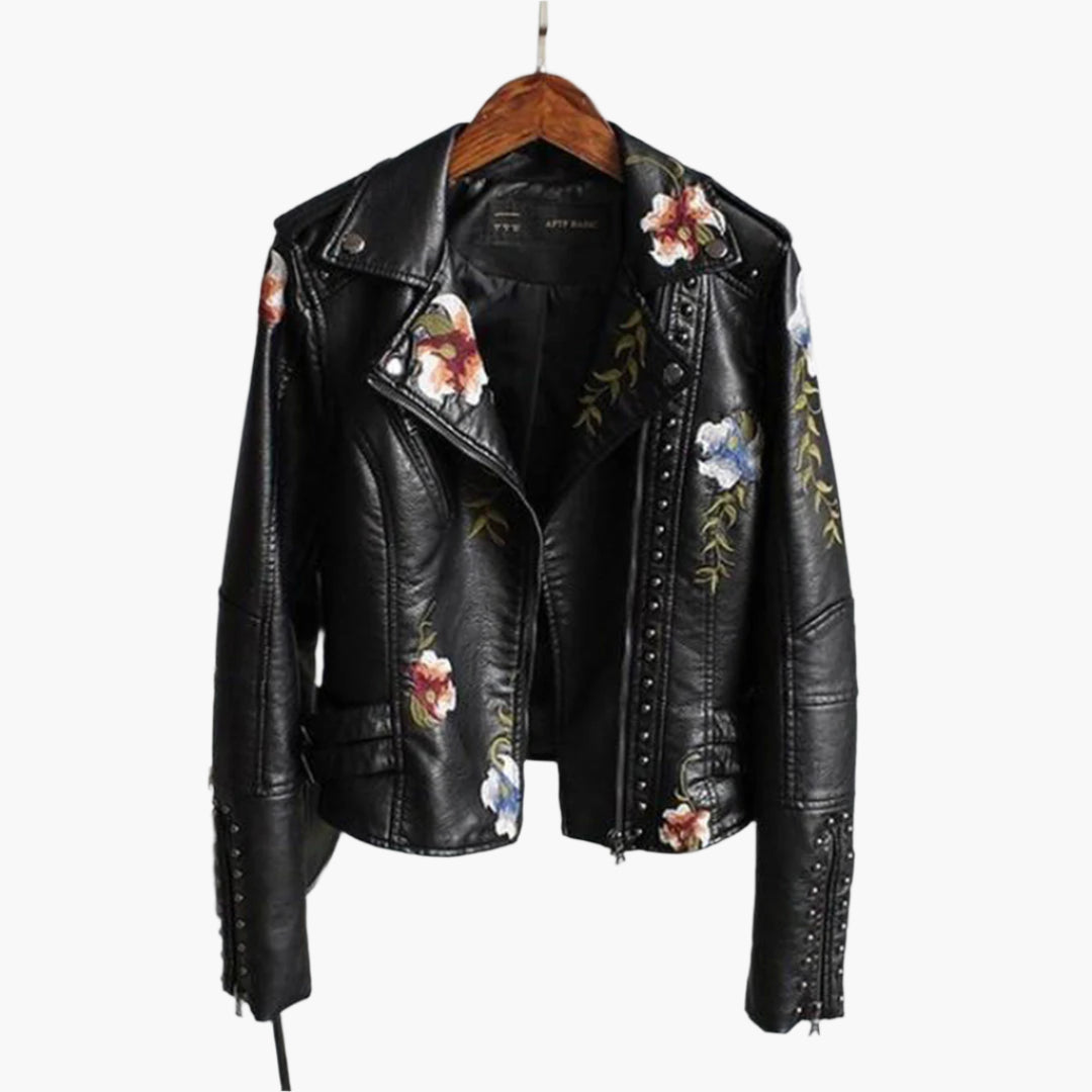 Damjacka med broderade blommor – Trendig bikerstil och elegant look