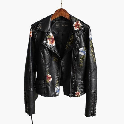Damjacka med broderade blommor – Trendig bikerstil och elegant look