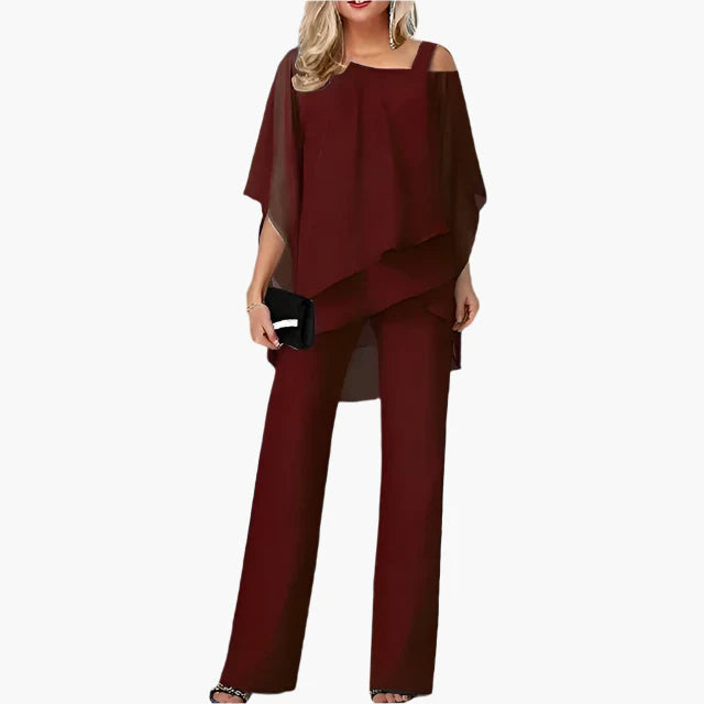 Damernas Eleganta Festset med Ponchotopp och Vida Byxor – Perfekt för Kväll och Speciella Tillfällen