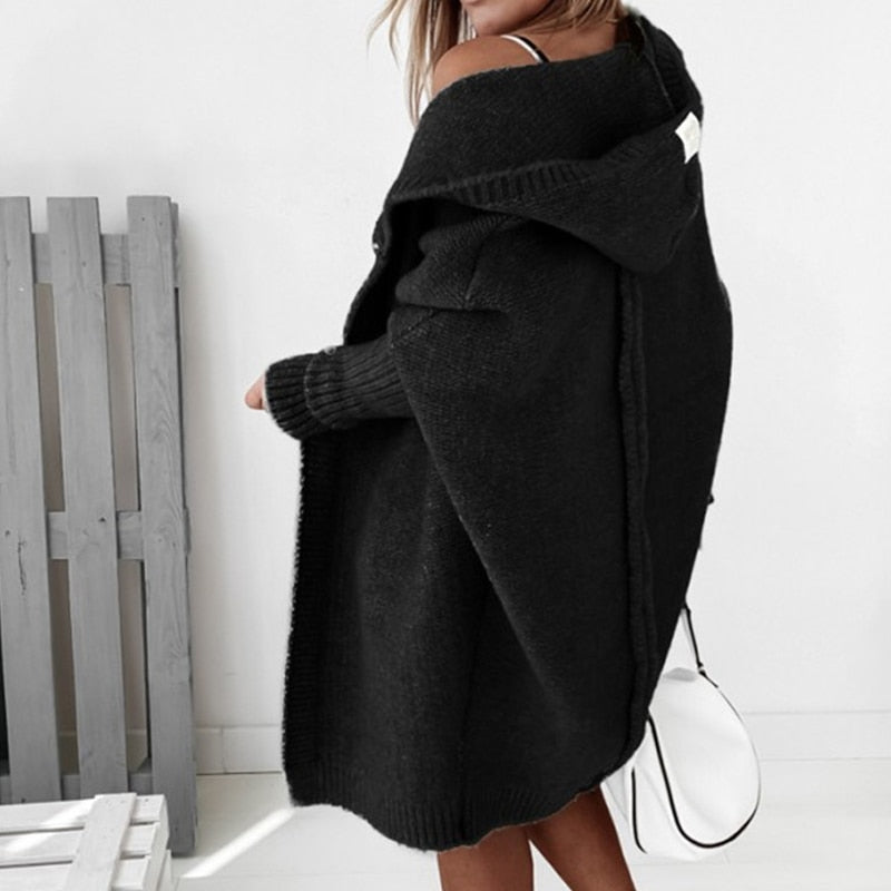 Dam Cardigan Oversize Stickad med Huva – Perfekt för Höst och Vinter, Mysig & Trendig