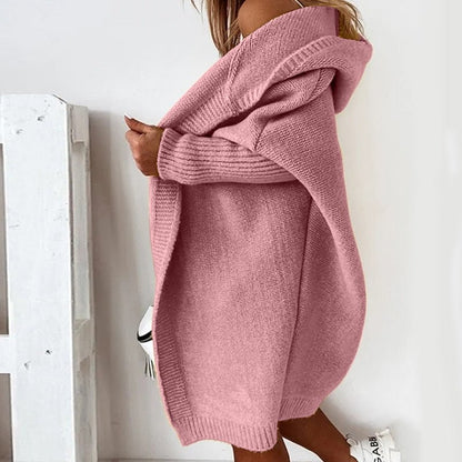 Dam Cardigan Oversize Stickad med Huva – Perfekt för Höst och Vinter, Mysig & Trendig