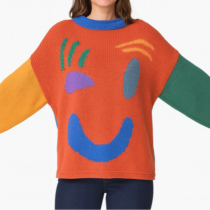 Unisex stickad tröja med konstnärligt smiley-motiv för avslappnad stil och vardagskomfort