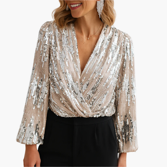Dam Paljettopp med Lång Ärms V-Ringad Elegant Festtop – Vintage Stil för Kvinnor