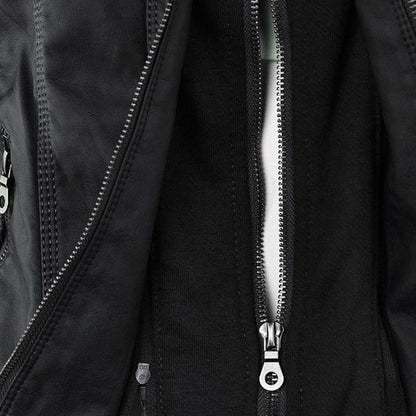 Damjacka i bikerstil med huva och dragkedja – Perfekt för höst och vardag i PU-konstläder