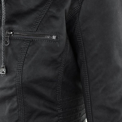 Damjacka i bikerstil med huva och dragkedja – Perfekt för höst och vardag i PU-konstläder