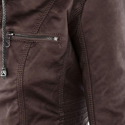 Damjacka i bikerstil med huva och dragkedja – Perfekt för höst och vardag i PU-konstläder