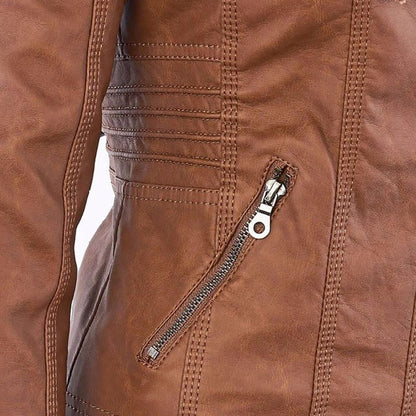 Damjacka i bikerstil med huva och dragkedja – Perfekt för höst och vardag i PU-konstläder