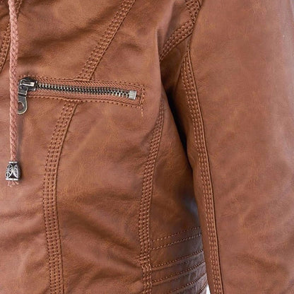 Damjacka i bikerstil med huva och dragkedja – Perfekt för höst och vardag i PU-konstläder