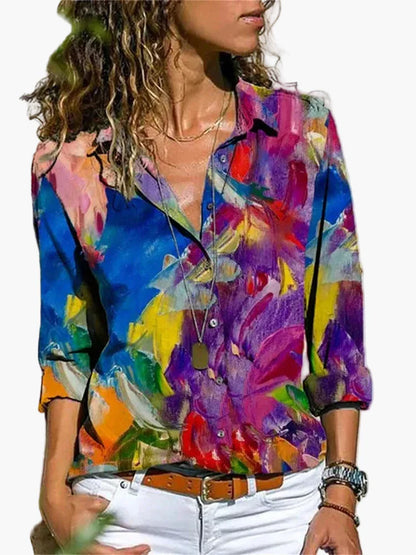 Dam Skjorta med Geometriskt Mönster – Trendig och Avslappnad Vardagsstil