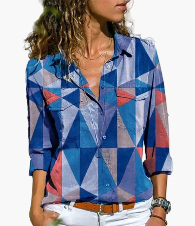 Dam Skjorta med Geometriskt Mönster – Trendig och Avslappnad Vardagsstil