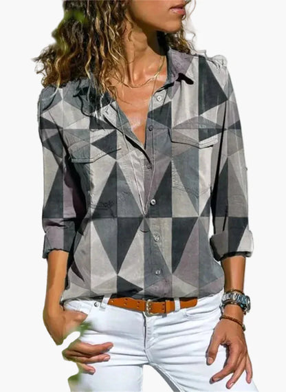 Dam Skjorta med Geometriskt Mönster – Trendig och Avslappnad Vardagsstil