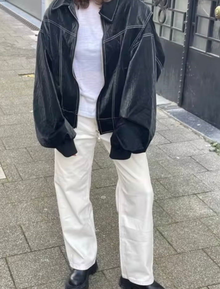 Damjacka – Oversized bomberjacka i PU-konstläder för streetwear och vardag