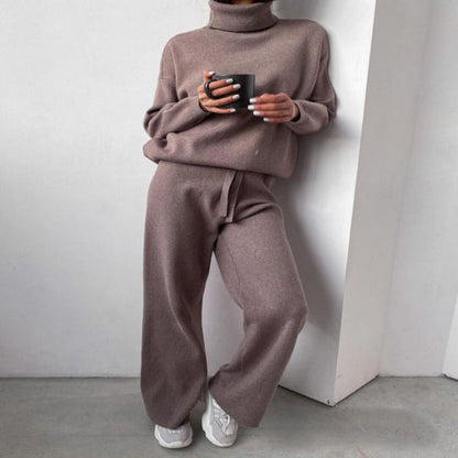 Dam Lounge-set Stickad Polotröja och Byxa – Bekväm och Elegant Mysoutfit