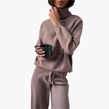 Dam Lounge-set Stickad Polotröja och Byxa – Bekväm och Elegant Mysoutfit